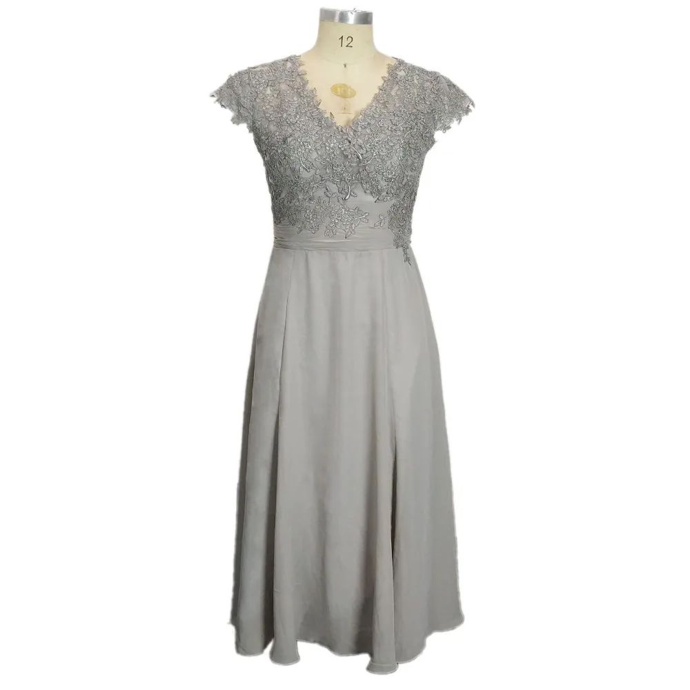 

Ankle Length Cap Sleeves Chiffon Keyhole Party Silver Evening Gown
