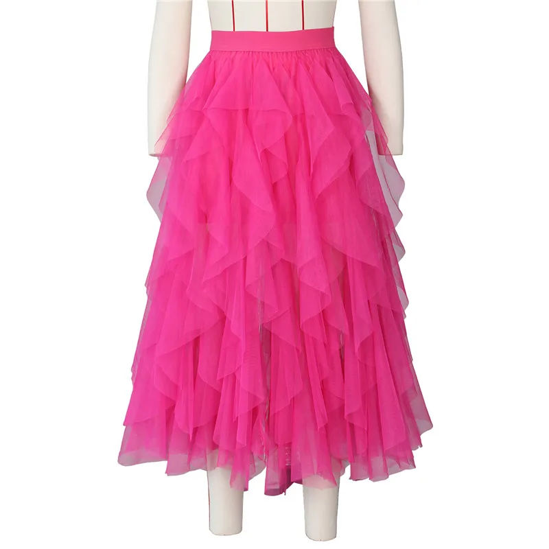 HITOM PRINCESS Fashion Tutu Tulle Skirt Women Long Maxi Skirt Summer High Waist Pleated Skirts Female Jupe Saias - Цвет: Rose Red