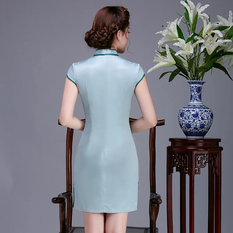 Китайский атласное платье Для женщин Мини Cheongsam Размеры S до 2XL