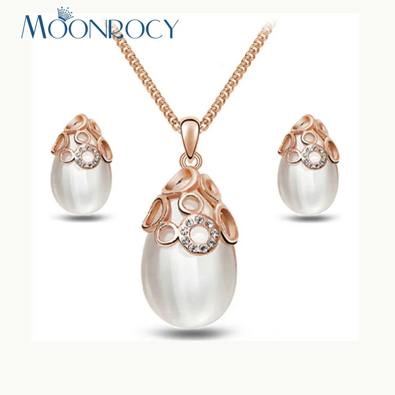 

MOONROCY Jewelry Free Shipping Rose Gold Color Cubic Zirconia Opal waterdrop Jewelry Set Necklace and Earring for Women Gift