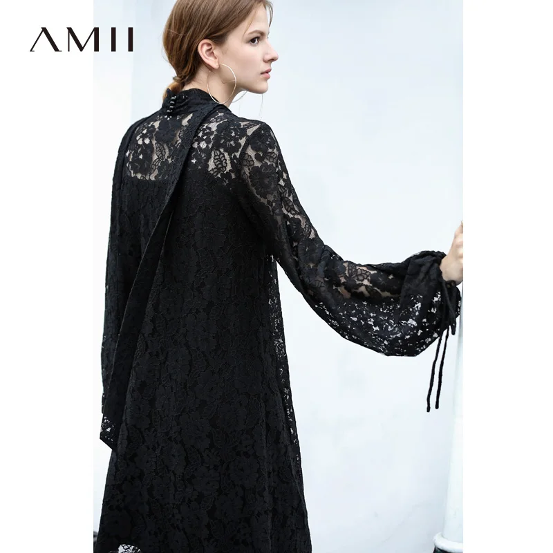 Amii, сексуальные черные кружевные платья для женщин, осень, повседневные, одноцветные, на шнуровке, с бантом, с v-образным вырезом, романтические женские Платья Миди
