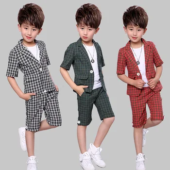 

High quality 2018 summer new children's clothing short-sleeved dress boy summer lattice children casual British 2 suit tide