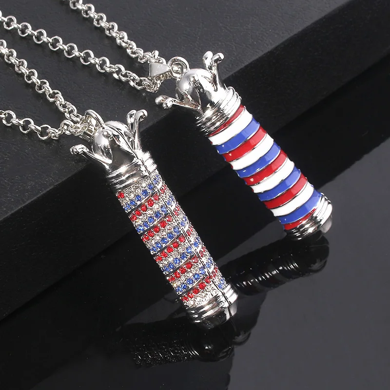

Hip Hop Barber Shop Sign Tricolor Column Necklace Pendants 3D Barber Pole Crystal Long Necklace Choker Hairdresser Souvenir