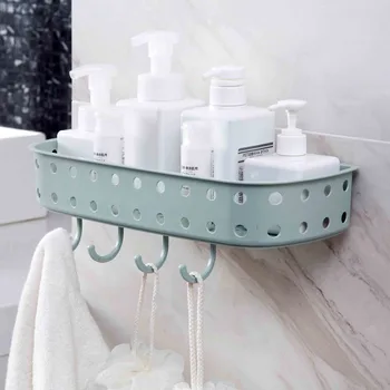 

OTHERHOUSE PP Bathroom Storage Rack Wall Shelf with 4Hooks Shower Caddy Shampoo Holder Shelves Bath Kitchen Organizer