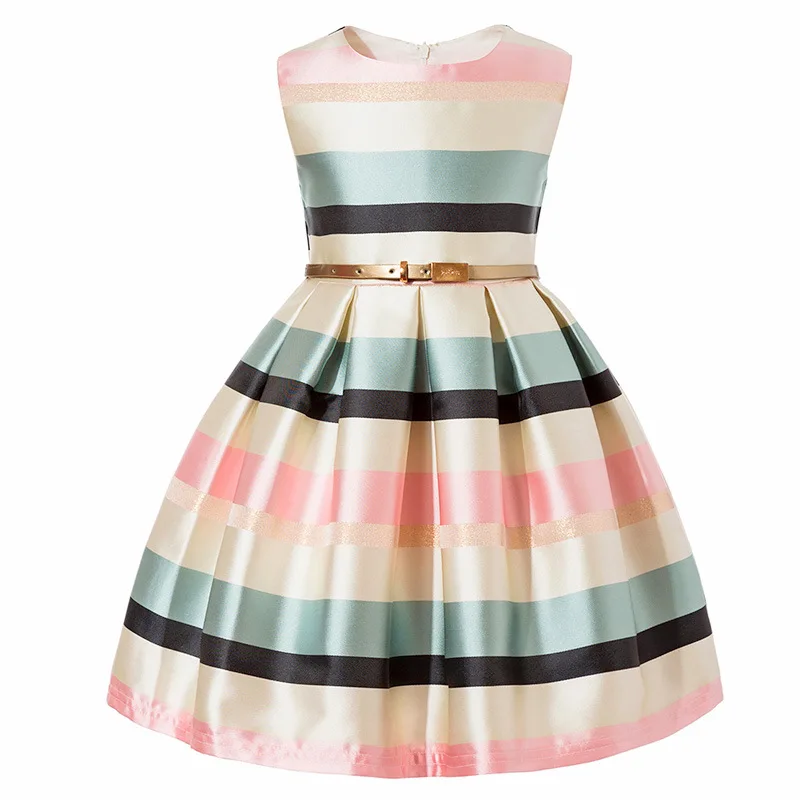 

Girls dress summer striped party dress for girls with free belt sleeveless casual dress