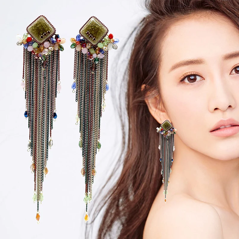 

New Square Ceramics Crystal Flowers Multicolor Crystal Beads Metal Chain Dangle Long Tassel Earrings For Women Boho Jewelry