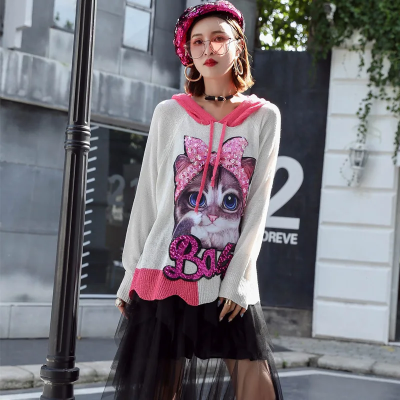 

2018autumn new Thai street fashion black kitten hooded women's sweater women's long section mesh yarn mosaic ladies sweater tide