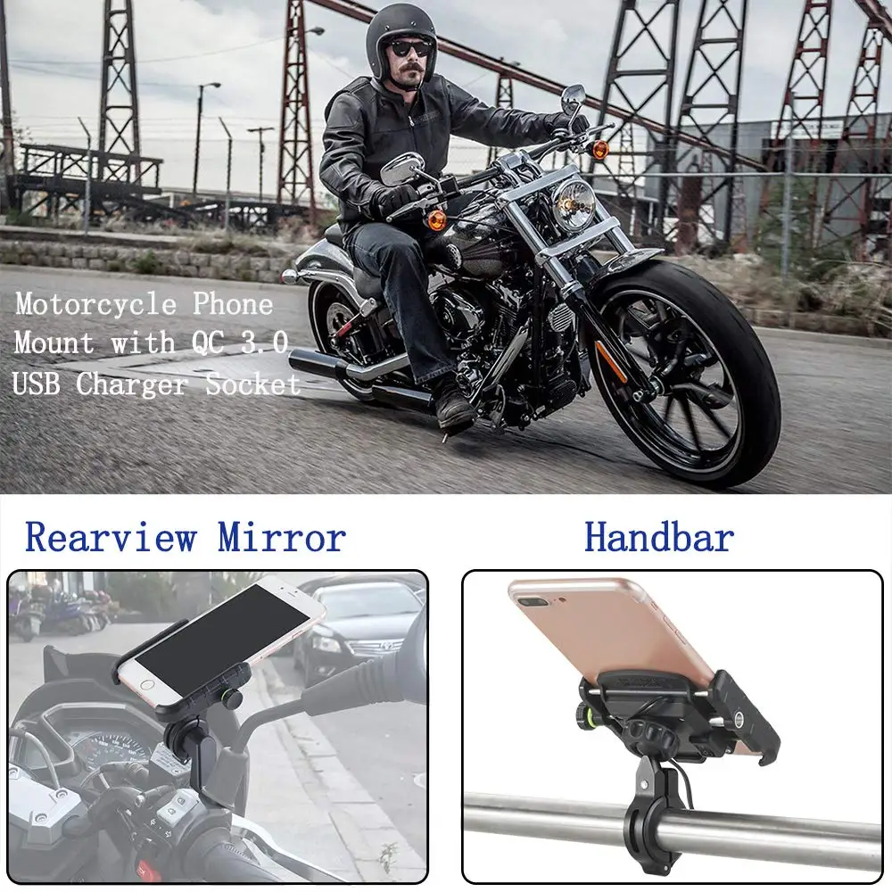 Aileap Universal Motorcycle Phone Mount Aluminum Bike Phone Holder Integrated with QC 3.0 Super Quick Charge USB Power Socket Aileap Universal Motorcycle Phone Mount Aluminum Bike Phone Holder Integrated with QC 3.0 Super Quick Charge USB Power Socket