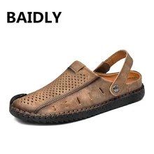 Винтажные летние сандалии для мужчин; дышащие сандалии из натуральной кожи высокого качества; мужские модные повседневные пляжные мужские шлепанцы; большие размеры