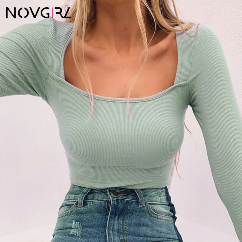 

Novgirl Autumn Winter Ribbed Knitted Cropped Tops Women 2019 Square Neck Long Sleeve Casual T Shirts Modern Lady Tee Tops