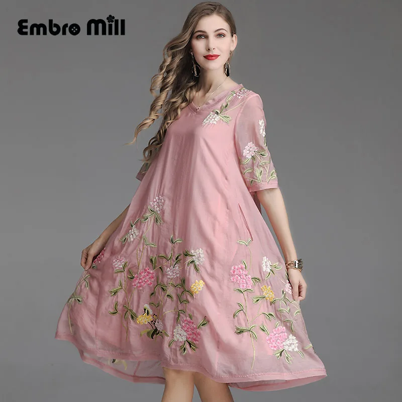 

High-end summer women Bohemia Yunnan folk-custom slim Cotton silk Five-point sleeve dress elegant Lady Vacation dress S-XXL
