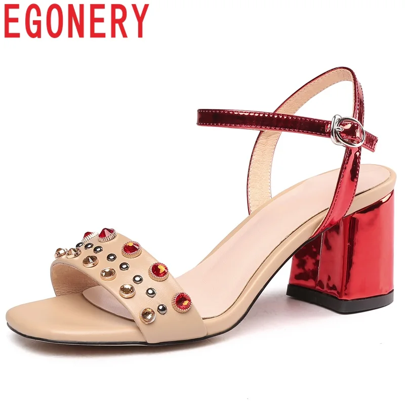 

EGONERY Ruby crystal Cow leather women's sandals High quality brand fashion girl summer wedding party high heel dance shoe