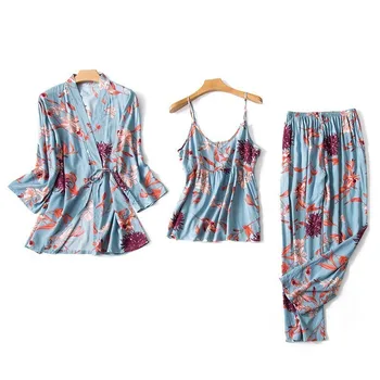 

2020 Cotton Silk 3 Pieces Sexy Summer Pajamas Sets Women Flower Robe Pajamas Sleepwear Kit Nightdress+Robe+Pants Sleep Lounge