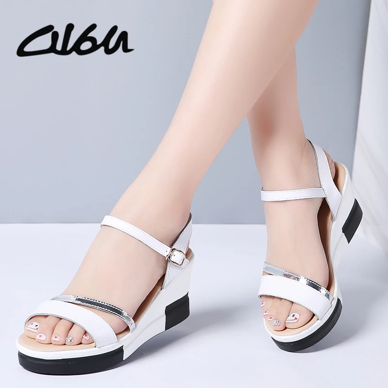 

O16U Women Fashion Sandals Genuine Leather Strap Sandals Ladies High Heel Buckle Wedge Platform Sandals Shoes Women Flats Summer