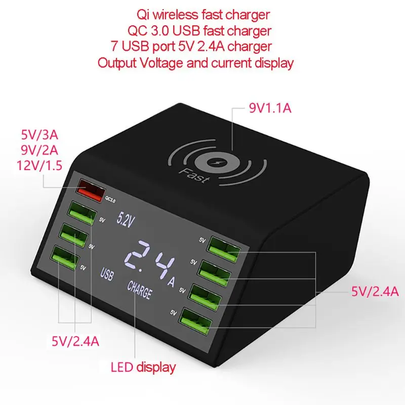 QC 3,0 быстрое зарядное устройство 8 портов usb-хаб зарядная док-станция Qi Беспроводное быстрое зарядное устройство с дисплеем напряжения/тока для iphone
