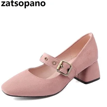 

2019 Spring Summer New Mary Jane 5cm Medium-heeled Single Square Head Shallow Mouth Four Seasons Shoes Woman Coarse-heeled