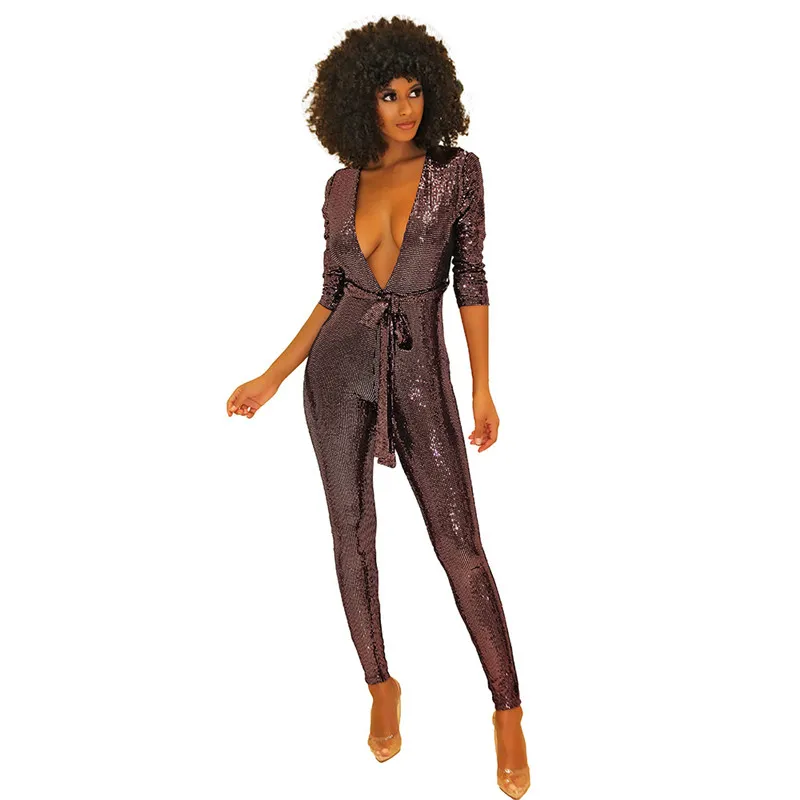 Echoine Sexy Jumpsuits Women Bandage Slim Long Sleeve V-Neck Bright Bronzing Fabric Night Club Long Pencil Pants Womens Rompers Echoine Sexy Jumpsuits Women Bandage Slim Long Sleeve V-Neck Bright Bronzing Fabric Night Club Long Pencil Pants Womens Rompers