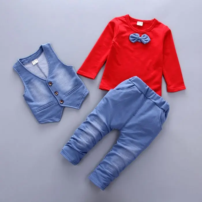 Горячая Распродажа Демисезонный новая модная одежда для маленького мальчика, комплект из 3 предметов, джинсовая стиль Хлопковое платье для девочек с галстуком-бабочкой детская одежда костюм A014 - Цвет: Красный
