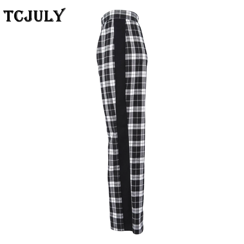 TCJULY Новое поступление модные клетчатые брюки с прямой молнией сзади дизайн черные полосы лоскутное женские брюки уличные брюки