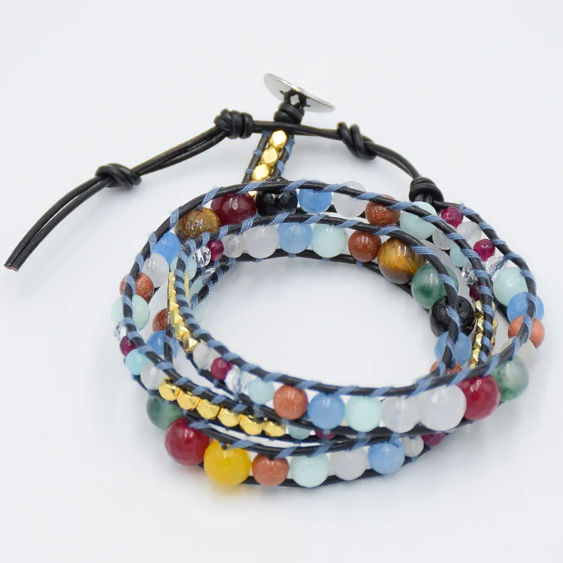 Women Bohemian Boho Bracelets Black Leather Onxy Tiger Eye Stone 3