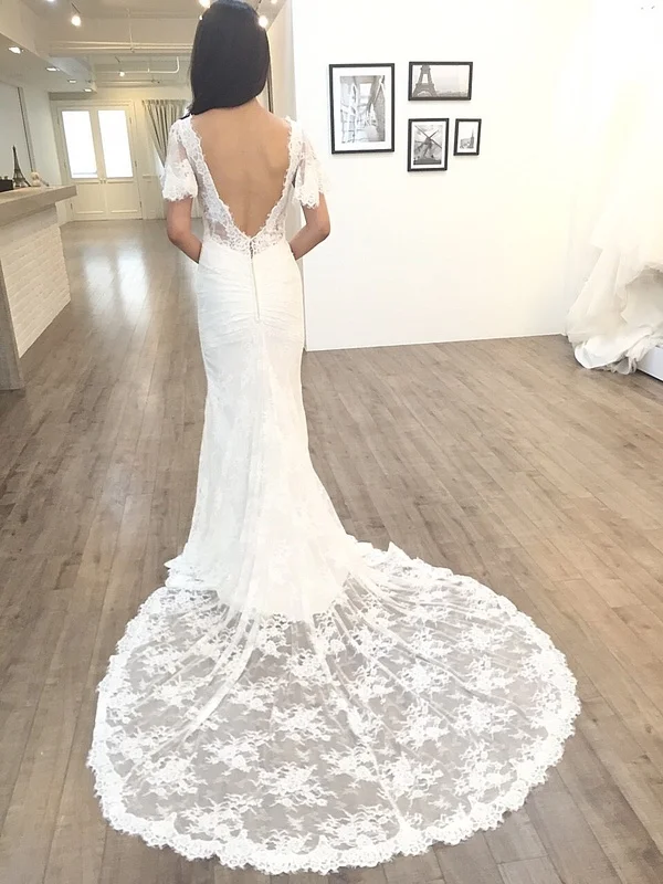 Vinca Sunny элегантное кружевное свадебное платье русалки с v-образным вырезом и аппликацией, подсчет поезда, открытая спина, труба, платье невесты