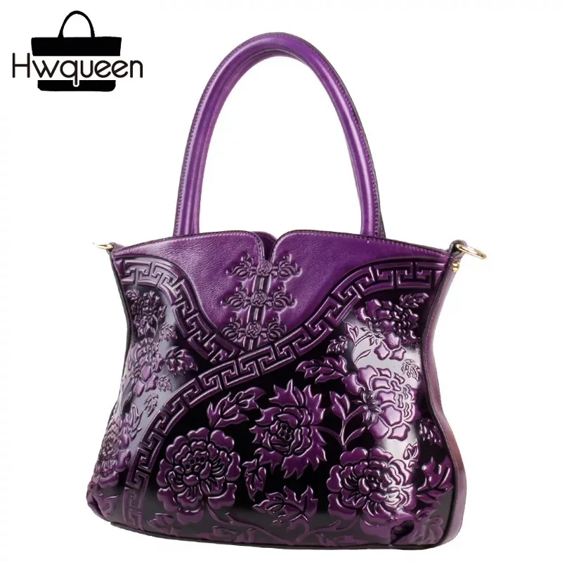

Chinese Style Red Cheongsam Designer Women Floral Totes Genuine Leather Retro Female Single Shoulder Bag Embossed Lady Handbag