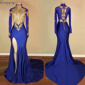 

Sexy Long Mermaid Prom Dress 2020 High Neck Sheer Back Long Sleeves High Slit African Royal Blue Prom Dresses