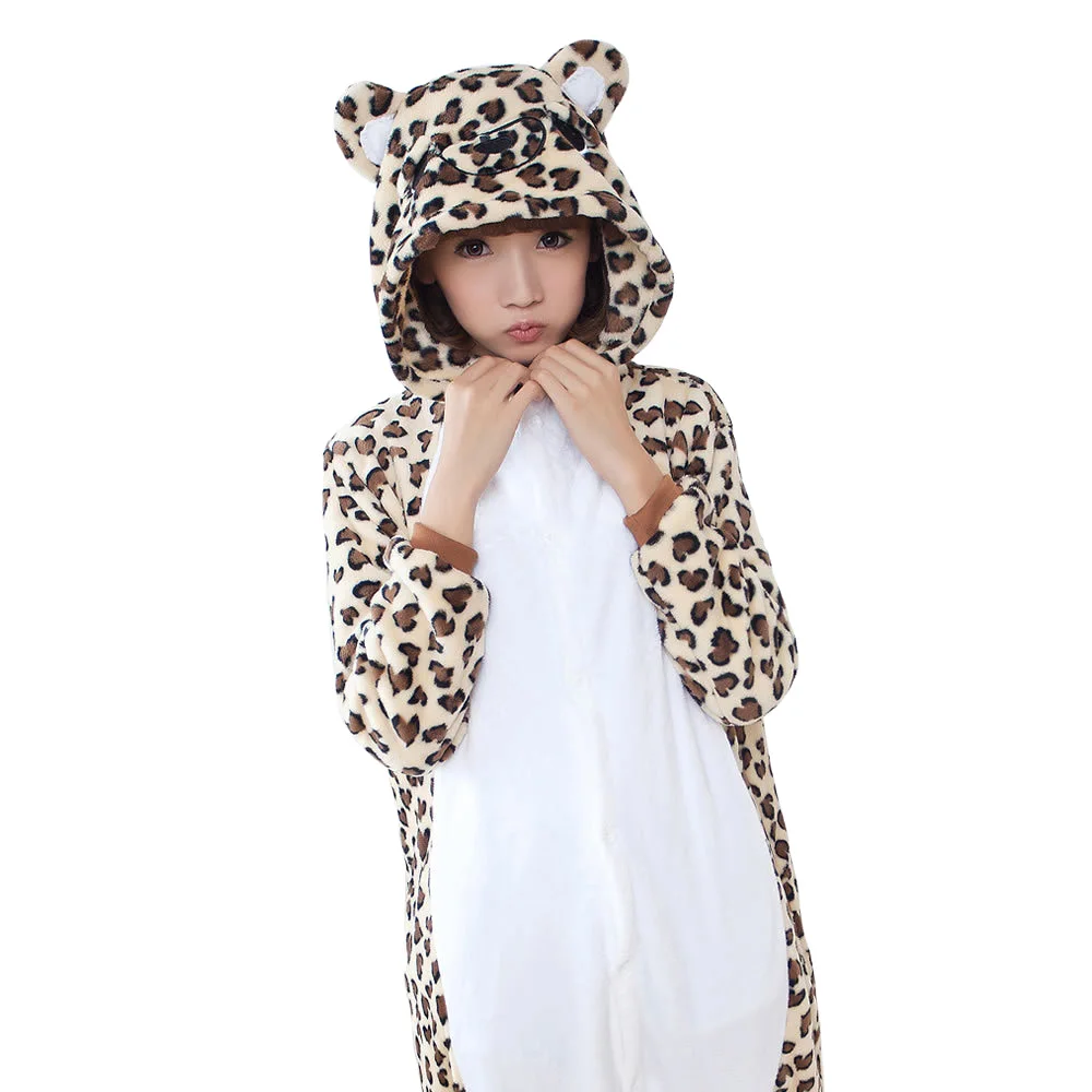 Spring Leopard Print Bear Fleece Women Men Ladies Adult Footed Onesie