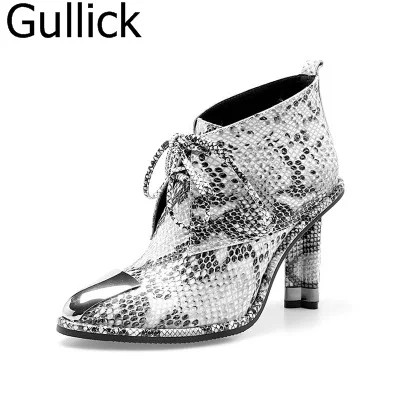 

Sexy Snake Leather Party Casual Lace-up Spring Autumn Shoe Shallow High Designed Heel Women Ankle Boots Free Ship Zapatos Mujer