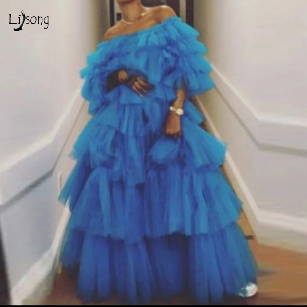 Trendy Blue Tutu Ruched Long Prom 