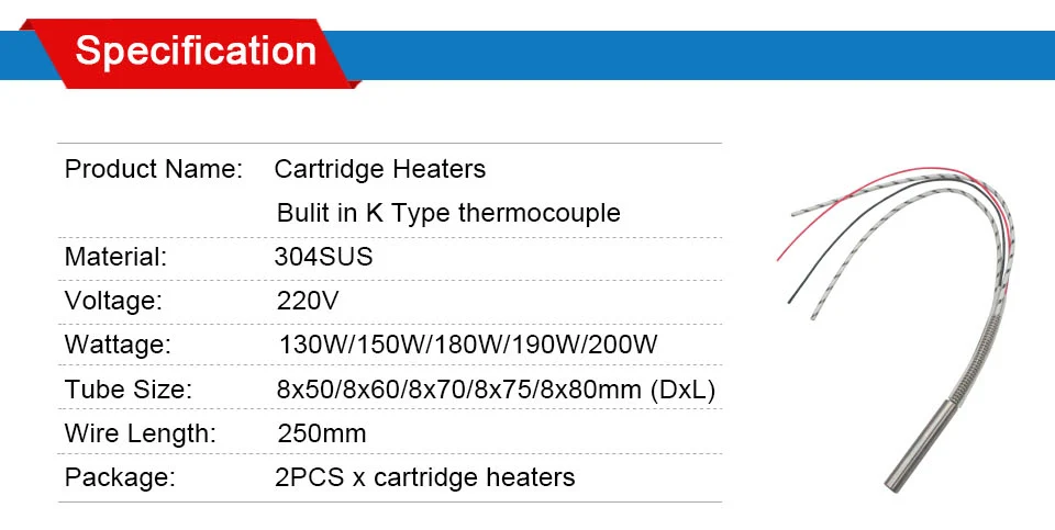 LJXH Нагревательный элемент Плесень картридж нагреватель с термопары типа K 8x50 мм/8x60 мм/8x70 мм/8x75 мм мощность 130 Вт/150 Вт/180 Вт/190 Вт