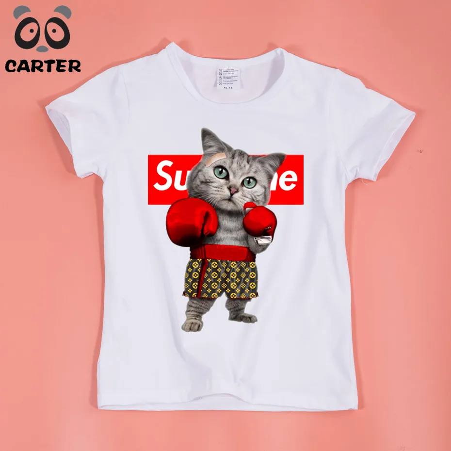 Boy and Girl's Boxing Cat Cute Print White Soft T-shirts Children Cartoon Design Kawaii Tee Shirt Kid Baby Clothing