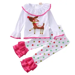 Комплект детских пижам для девочек зимняя пижама 2 шт. Топ с рюшами штаны одежда Одежда из хлопка одежда для сна 2015 г. Детская одежда