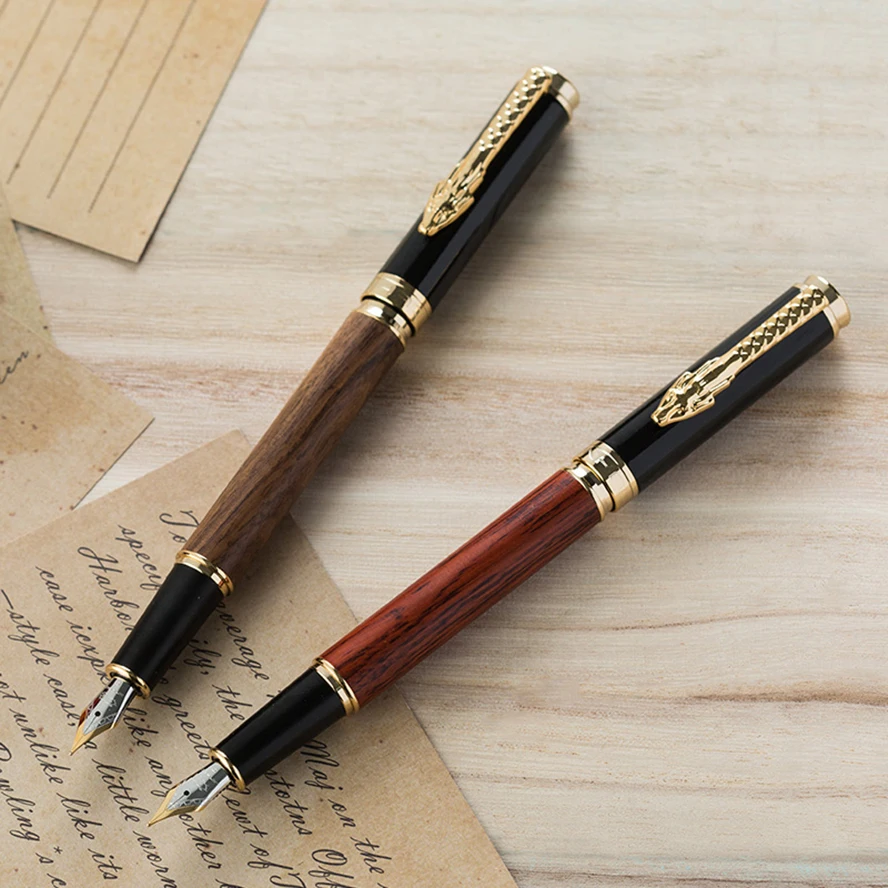 Ручка перьевая Jinhao 8802 деревянная с зажимом в виде Золотого Дракона|Перьевые