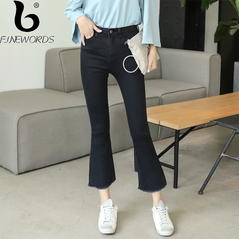 

FINEWORDS 2017 Autumn Causal Harajuku Bell Bottom Skinny High Waist Jeans Push Up Black Slim Elastic Denim Wide Leg Flare Pants