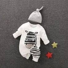 PatPat ludique zèbre à manches longues coton 2 pièces bébé filles vêtements combinaison en blanc avec chapeau pour bébé nouveau-né tenues ensemble(China)