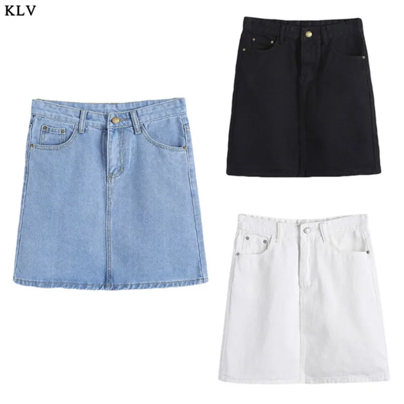 

KLV High Waist Mini Denim Skirts Womens Summer Style Floral Embroidered Short Mini Jeans Skirt Button Casual