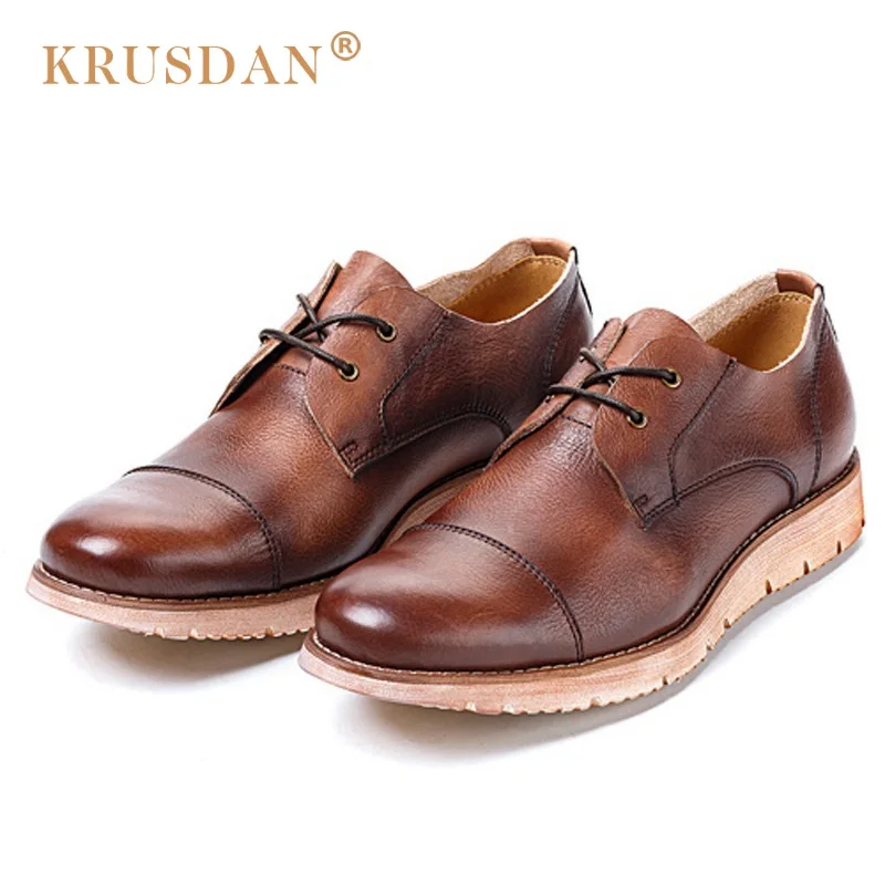 KRUSDAN Hot Platform Cap Top Formal Man Derby Dress Shoes Genuine Leather Handmade Oxfords Round Toe Lace up Men's Flats OQ31