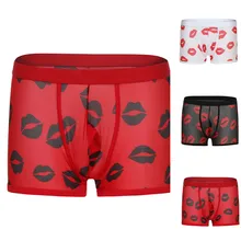 Men's Underwear New Sexy Hot Red Lip Mesh Hip Low Waist Nylon Soft and Comfortable Breathable Fashion Casual Daily Boxer#Z