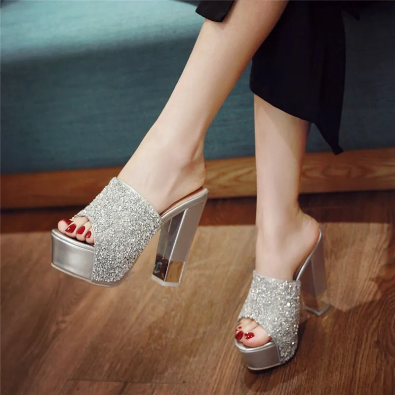 

YMECHIC Gold White Party Wedding Bride High Heels Slides Summer Ladies Shoes Big Size Platforms Glitter Female Slippers 2018