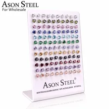 Асон стальное сердце дизайн нержавеющая сталь серьги-гвоздики 60 пар/лот женские цветные Кристальные серьги рождественские украшения