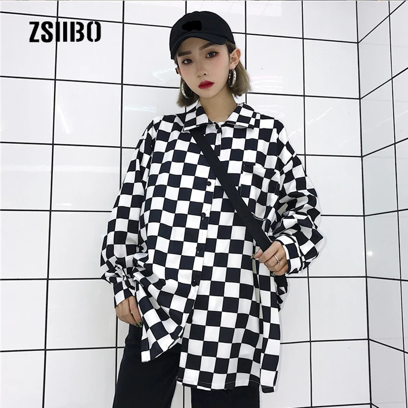 

Korea bf couple summer new female plaid hip hop Harajuku large size tops loose Ulzzang long sleeve lapel StreetwearT-shirt