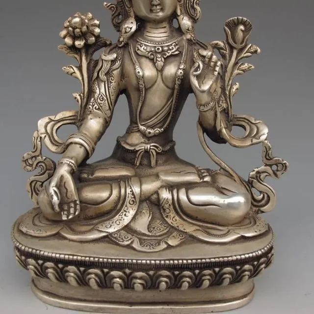 White Tara Buddha 8.86 inch/Tibet Silver Copper Gilt Tibetan Buddhism Statue 