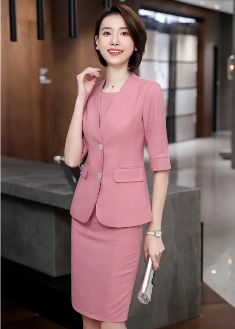Novelty Pink 2019 Spring Summer Half Sleeve Business Suits With Dress ...