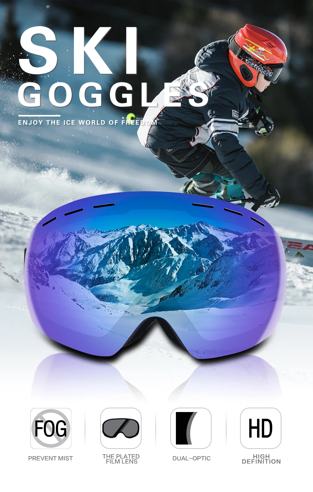 DMAR ski goggles spherical anti-fog Protection double layers keep warm big lenses glasses men women snow goggles skating