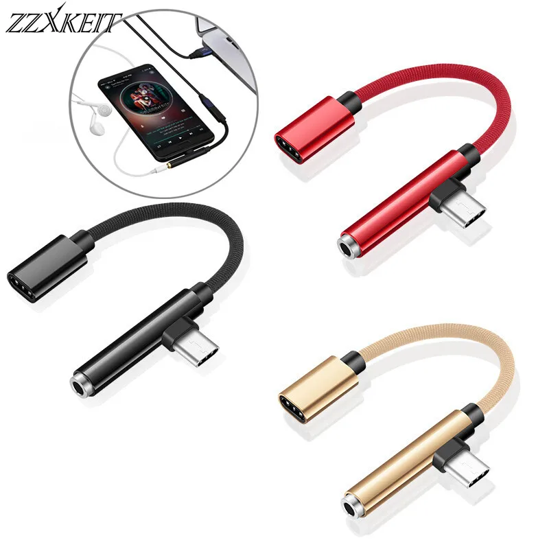 2 in 1 90 Degree USB 3.1 Type C to USB -C 3.5mm Jack Audio Aux Cable Mobile Phone Earphone Headphone Sync Charger Cable Adapter