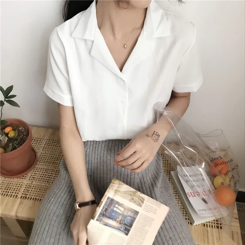 Корейская модная женская однотонная шифоновая тонкая рубашка с коротким рукавом и отложным воротником, повседневные свободные топы, женская блузка