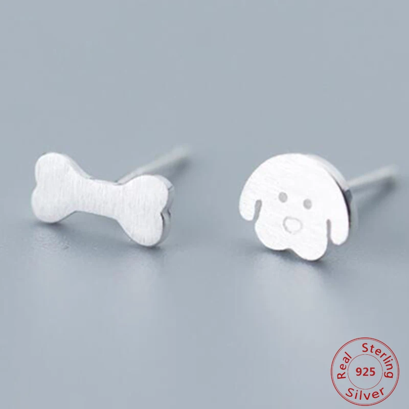 

100% 925 Real Sterling Silver 2018 Women Fashion Cute Tiny Asymmetric Dog Bone Stud Earrings For Daughter Girls
