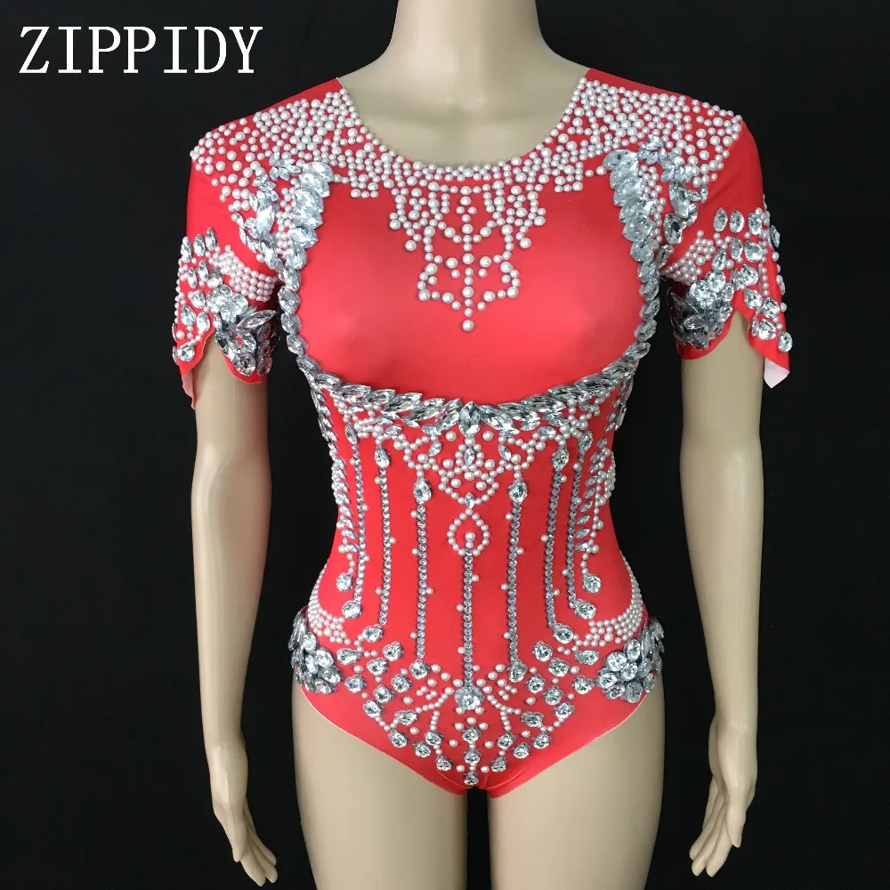 Red Black Big Crystals Dance Leotards Sparkly Mask Headpiece Pearls Rhinestones Outfit Sexy