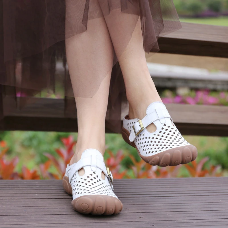

2019 women summer genuine leather low flat heel shoes female sandals handmade slippers slides 15893